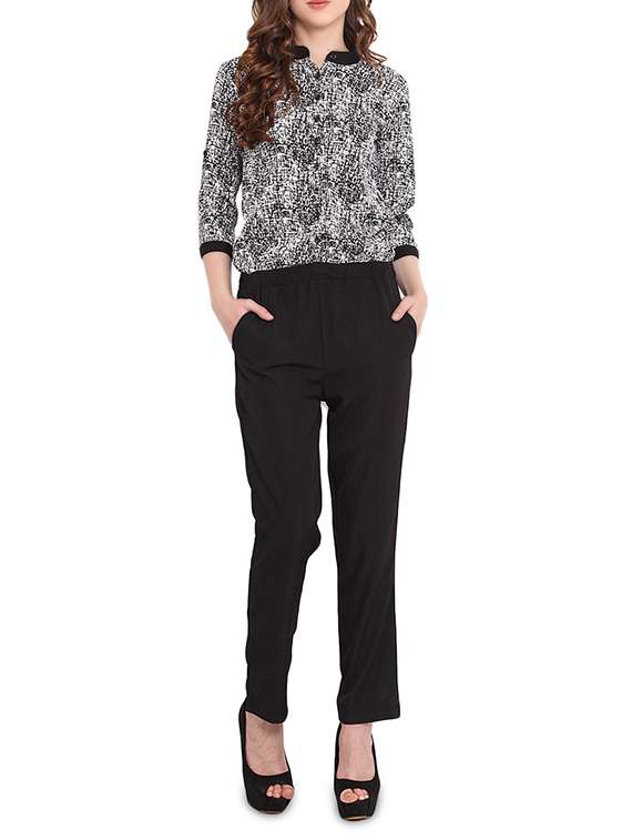 black printed three quarter sleeved jumpsuit