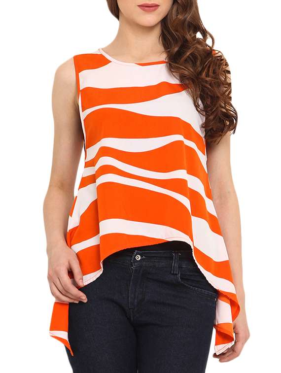 orange printed sleeveless assymmetric top