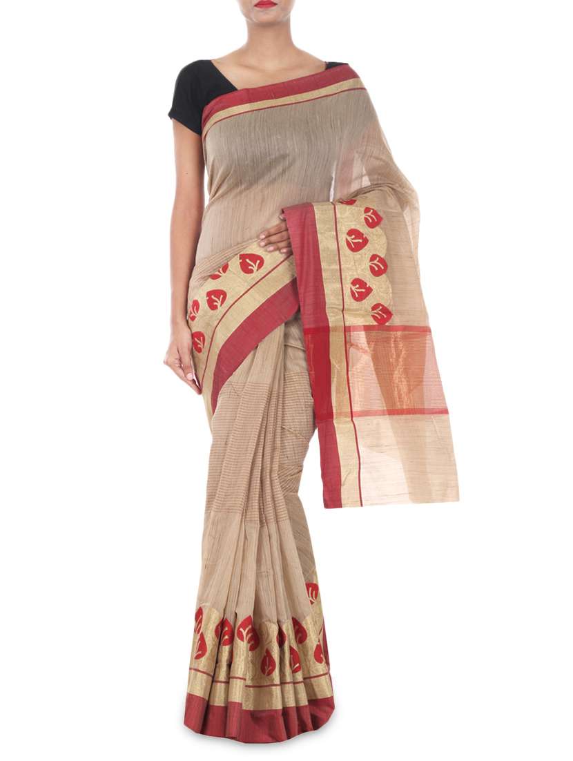 beige color cotton woven  saree