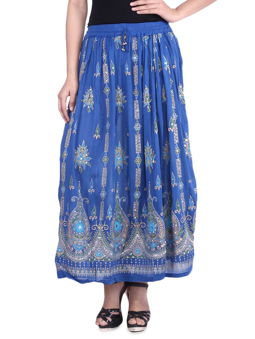 blue embroidered and embellished rayon maxi skirt