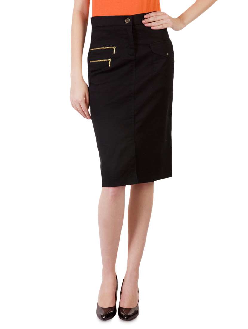 black cotton lycra knee length skirt
