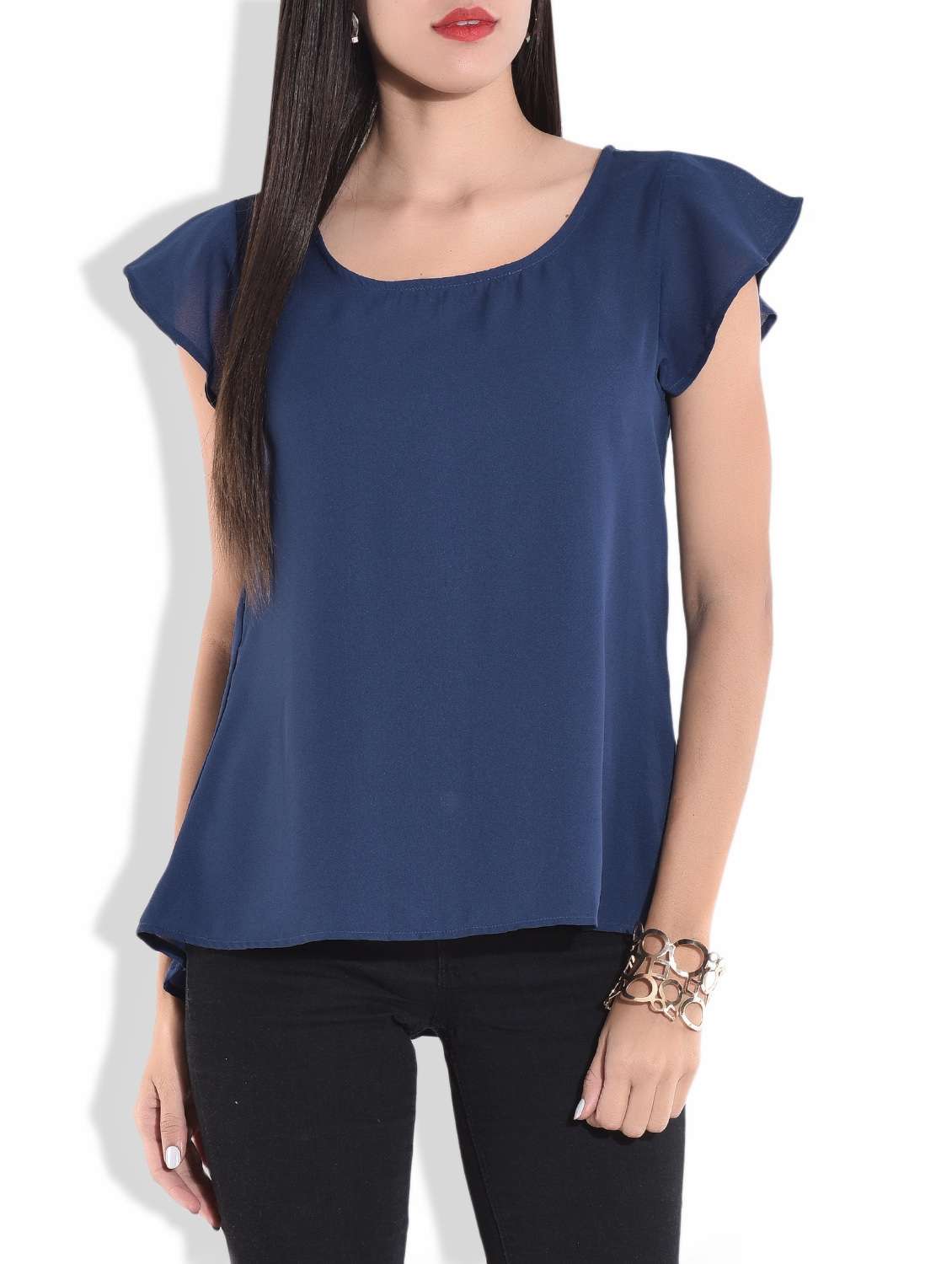 navy blue cap sleeved asymmetrical top