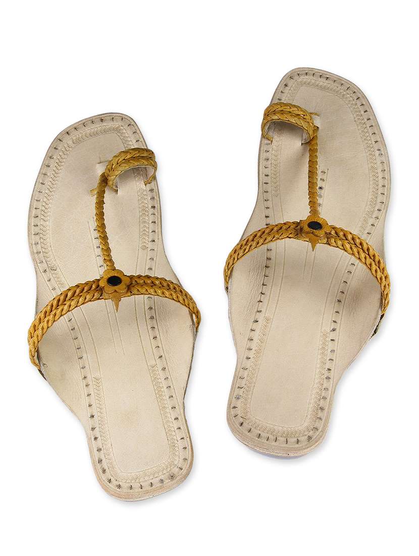 mustard leather braided kolhapuri chappals