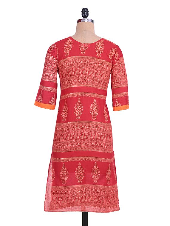 Red Cotton Printed Kurta - 9692727 - Standard Image - 2