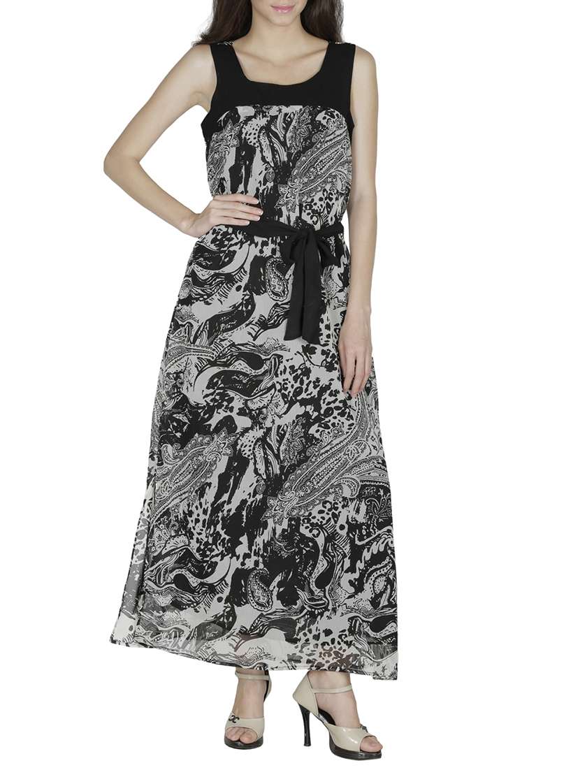 black printed sleeveless georgette dress