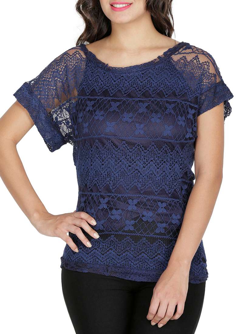 navy short sleeved net laced top
