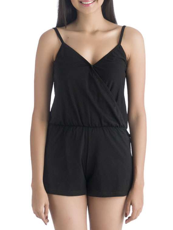 Cotton Knit Lycra Black Lounge Romper