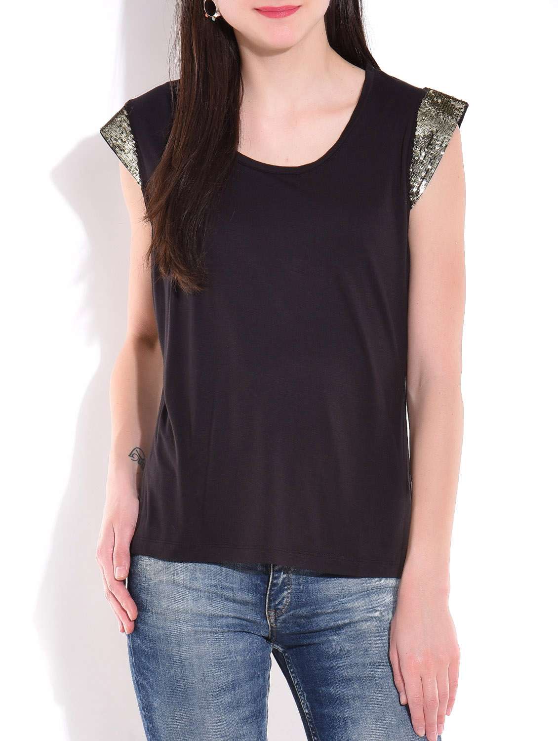 black with silver viscose jersey cap sleeved top