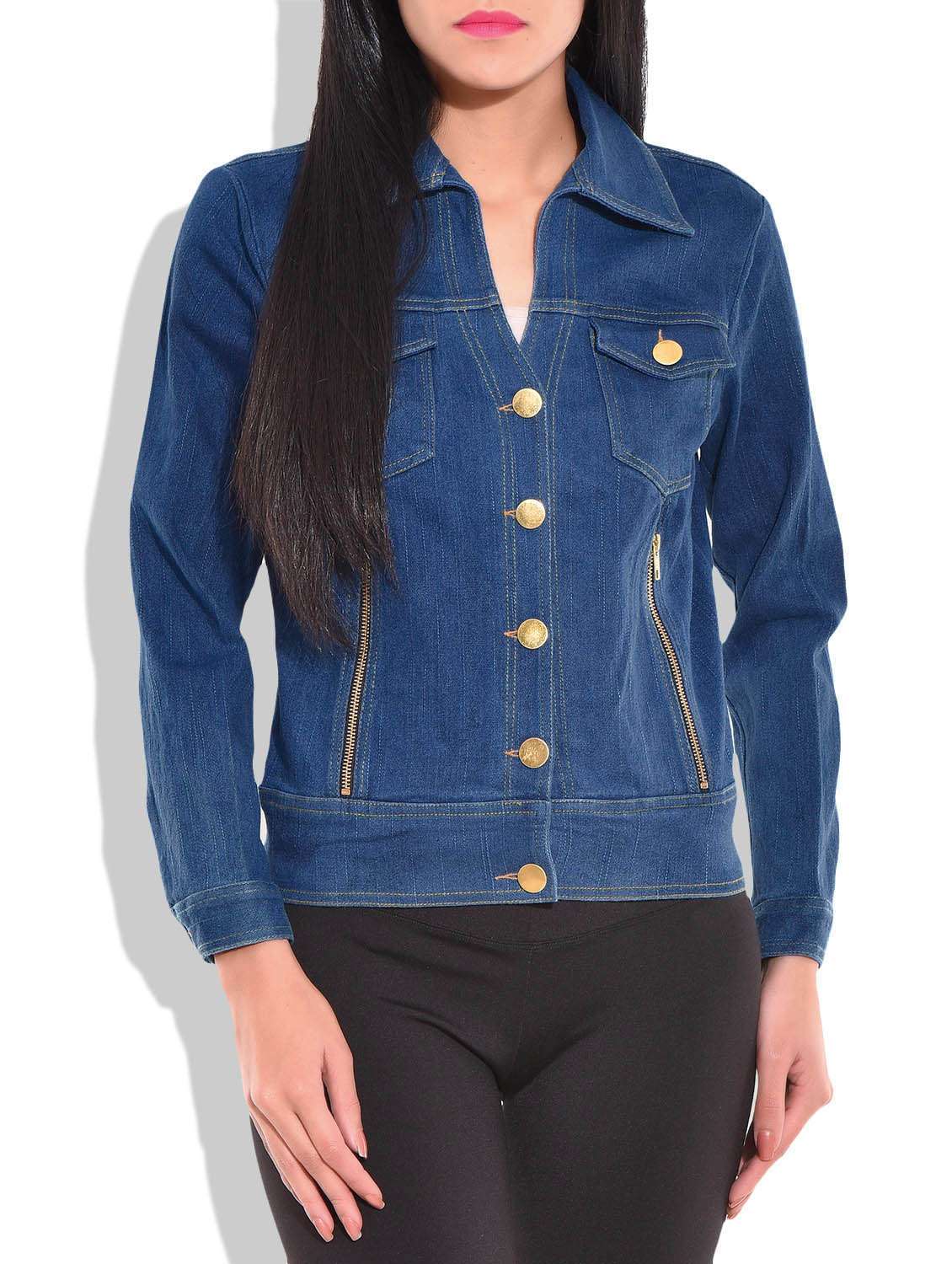 blue denim jacket with zipper side pockets
