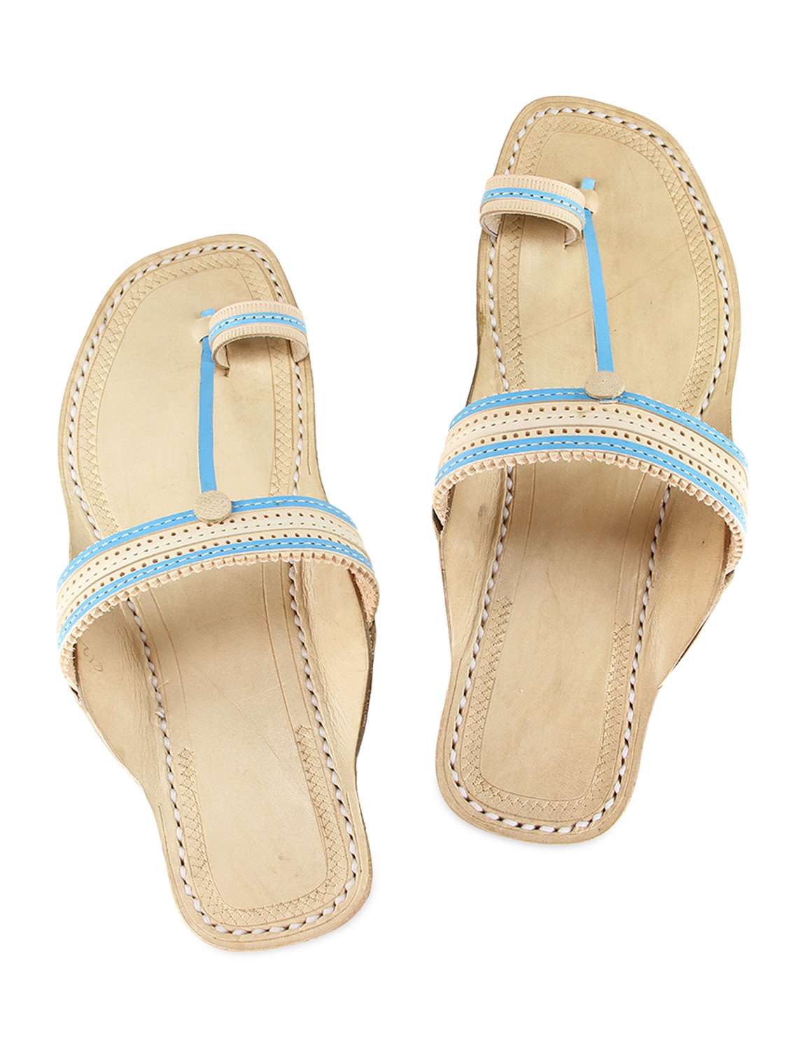 beige and sky blue leather kolhapuri flats