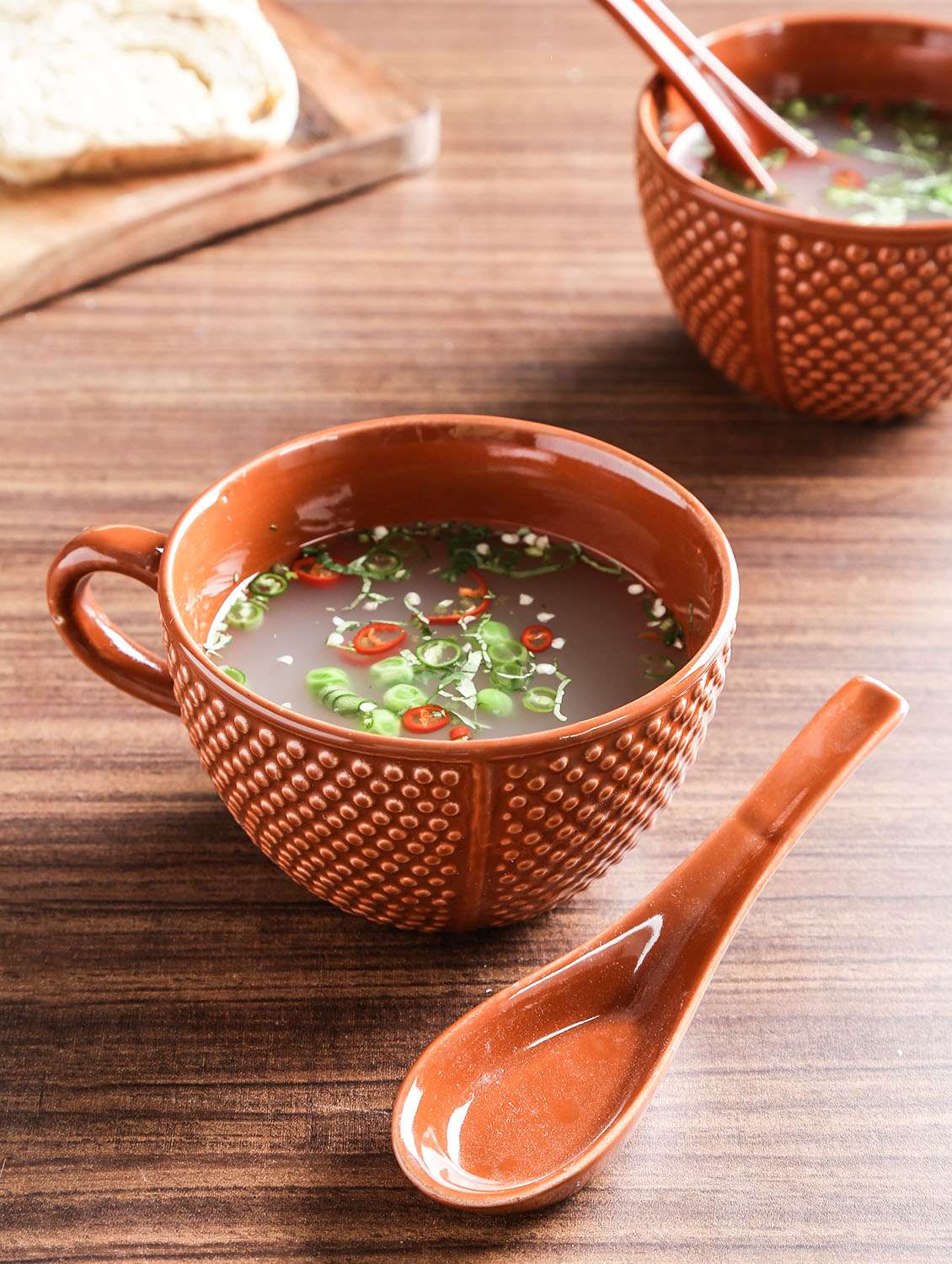 rust ceramic textured soup set