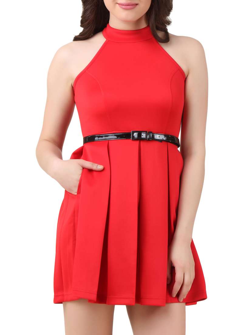 red lycra belted dress