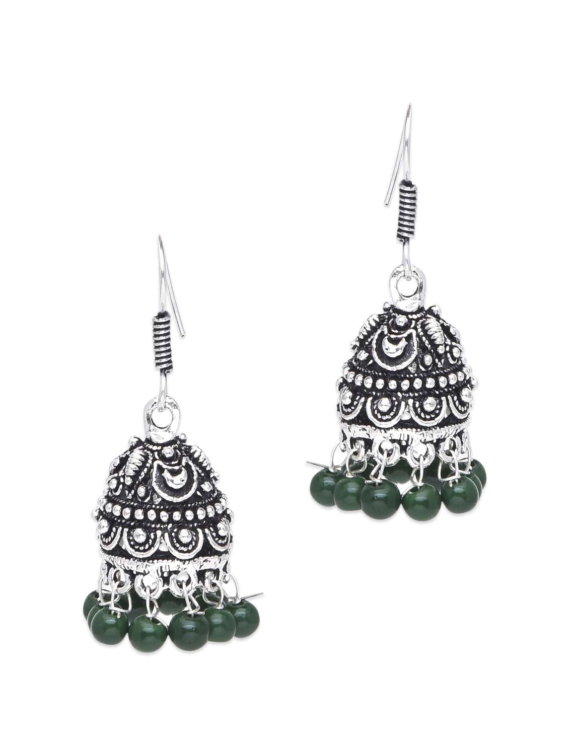 antique silver and dark green beaded fish hook jhumka earrings