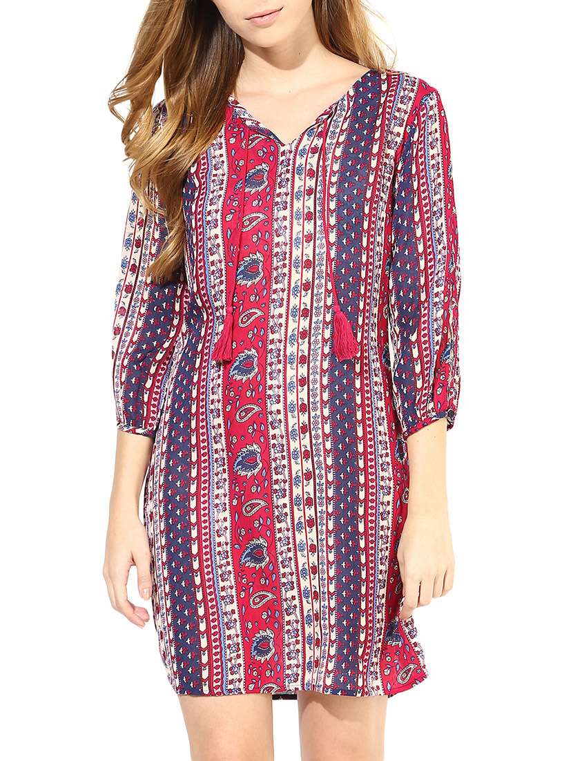 multicolored printed v-neck cotton crepe dress