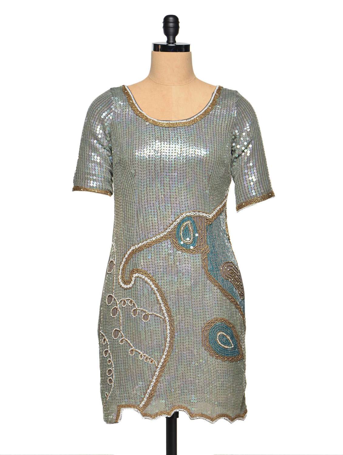 silver sequined sheath dress