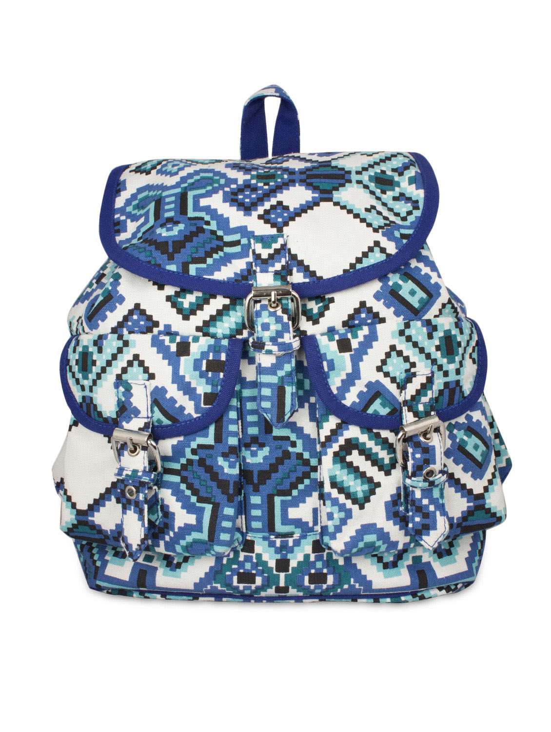 blue canvas printed backpack