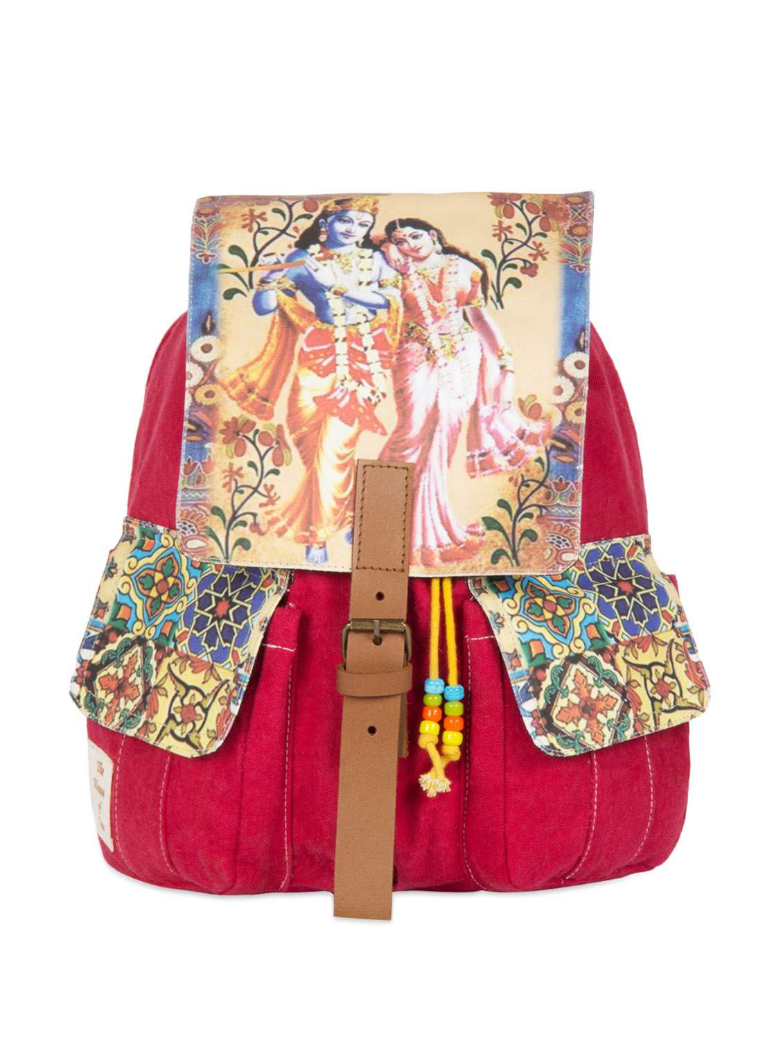 backpack with radhe krishna printed flap