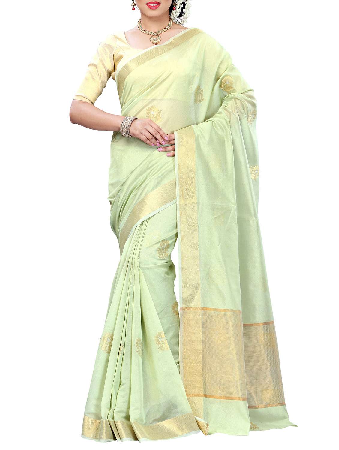 pista green  mercerized  kanchipuram cotton saree