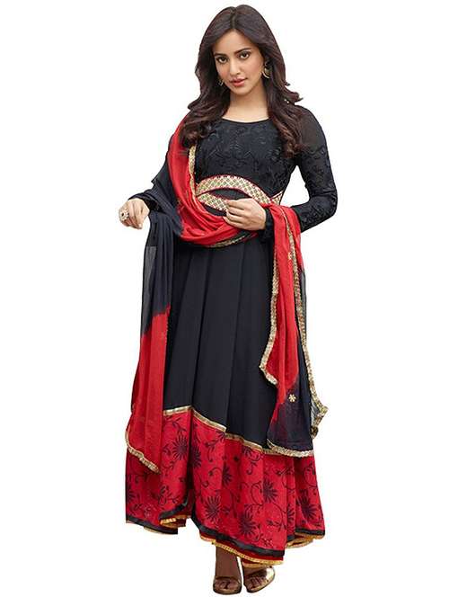 black & red georgette semi stitched suit - 9813592 - Standard Image - 0