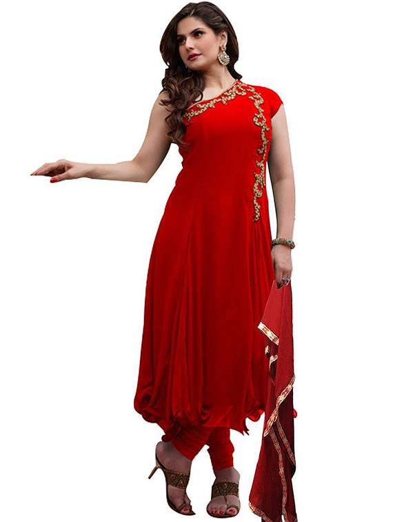 red georgette semi stitched suit