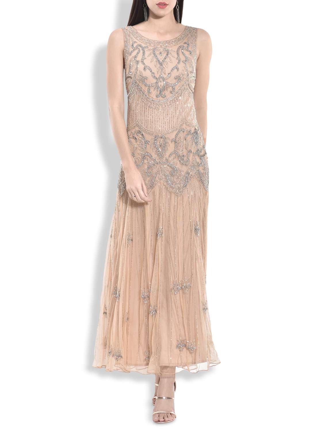 Beige hand sequined sleeveless dress