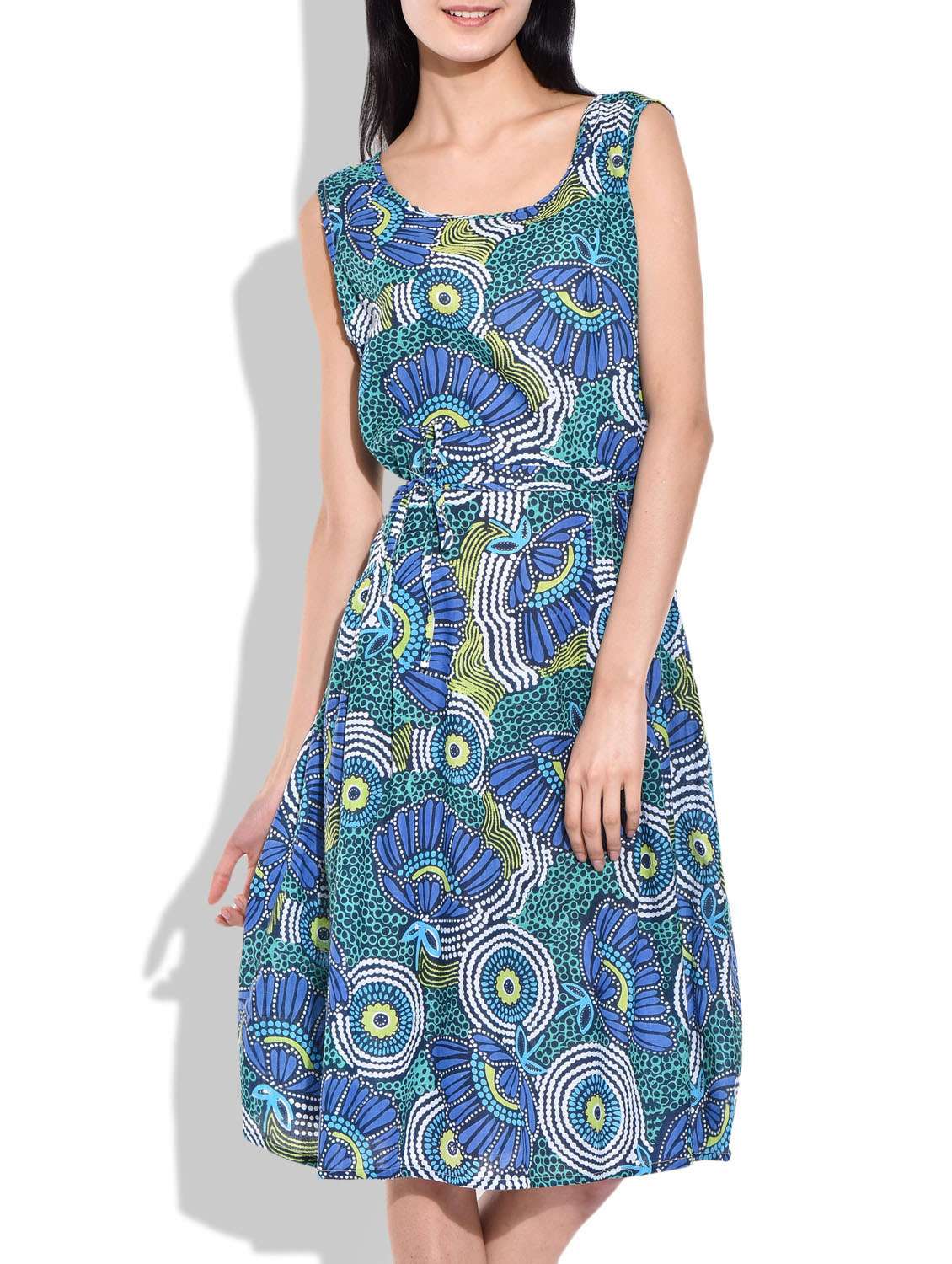 blue color printed poly crepe dress