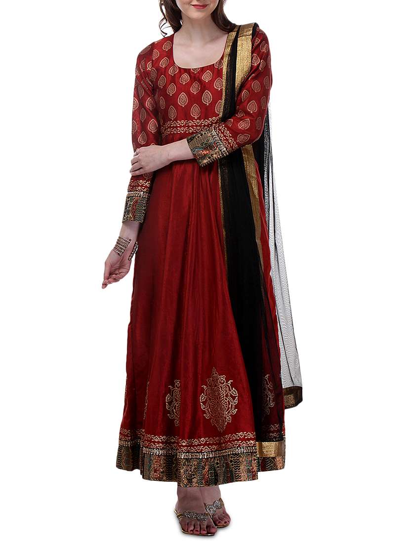 maroon dupion silk flared suit