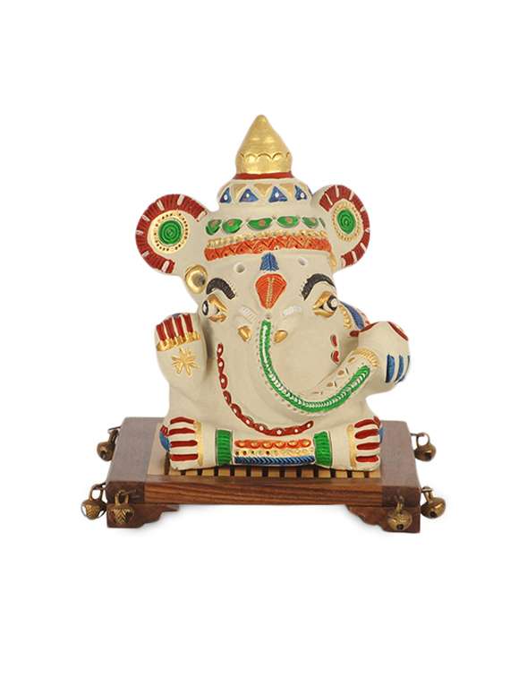 terracotta handpainted white ganesha with sheesham ghunghroo chowki