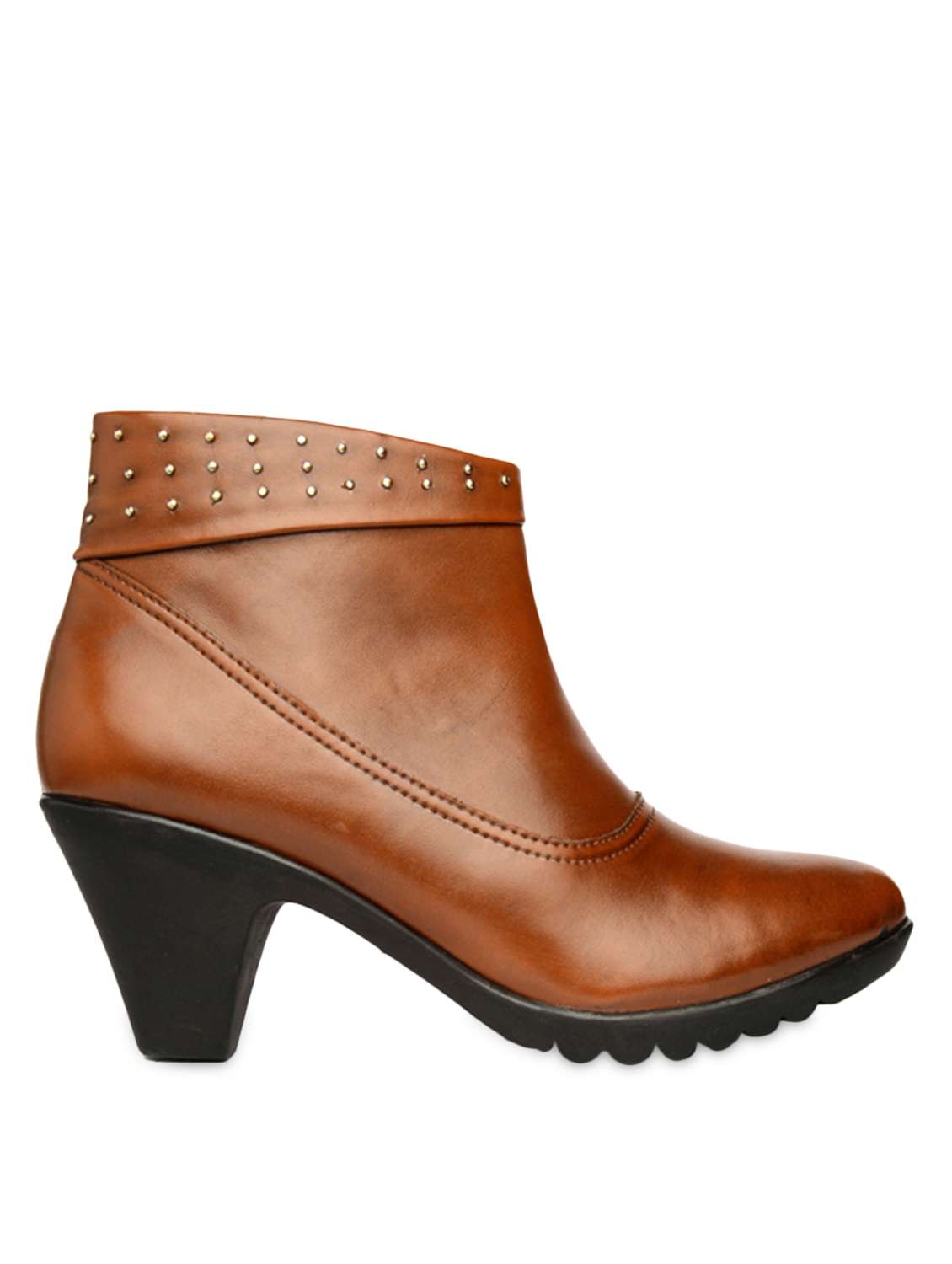 tan ankle length studded boots with zipper
