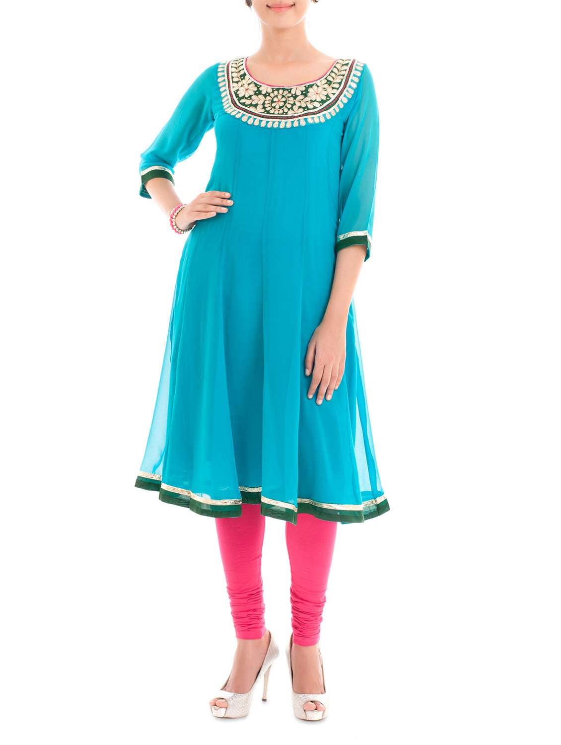 embroidered turquoise georgette anarkali