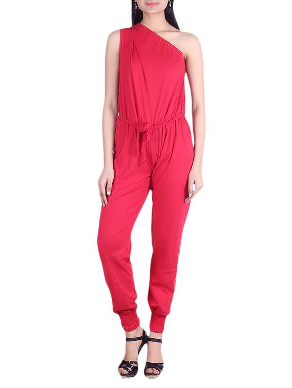 solid red one-shoulder jumpsuit