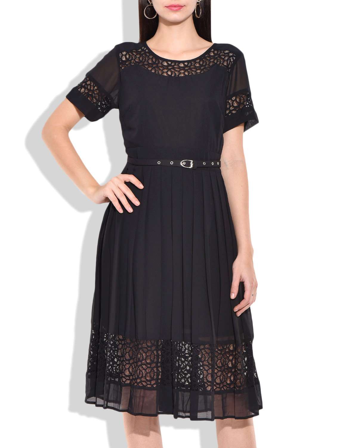 black georgette belted dress