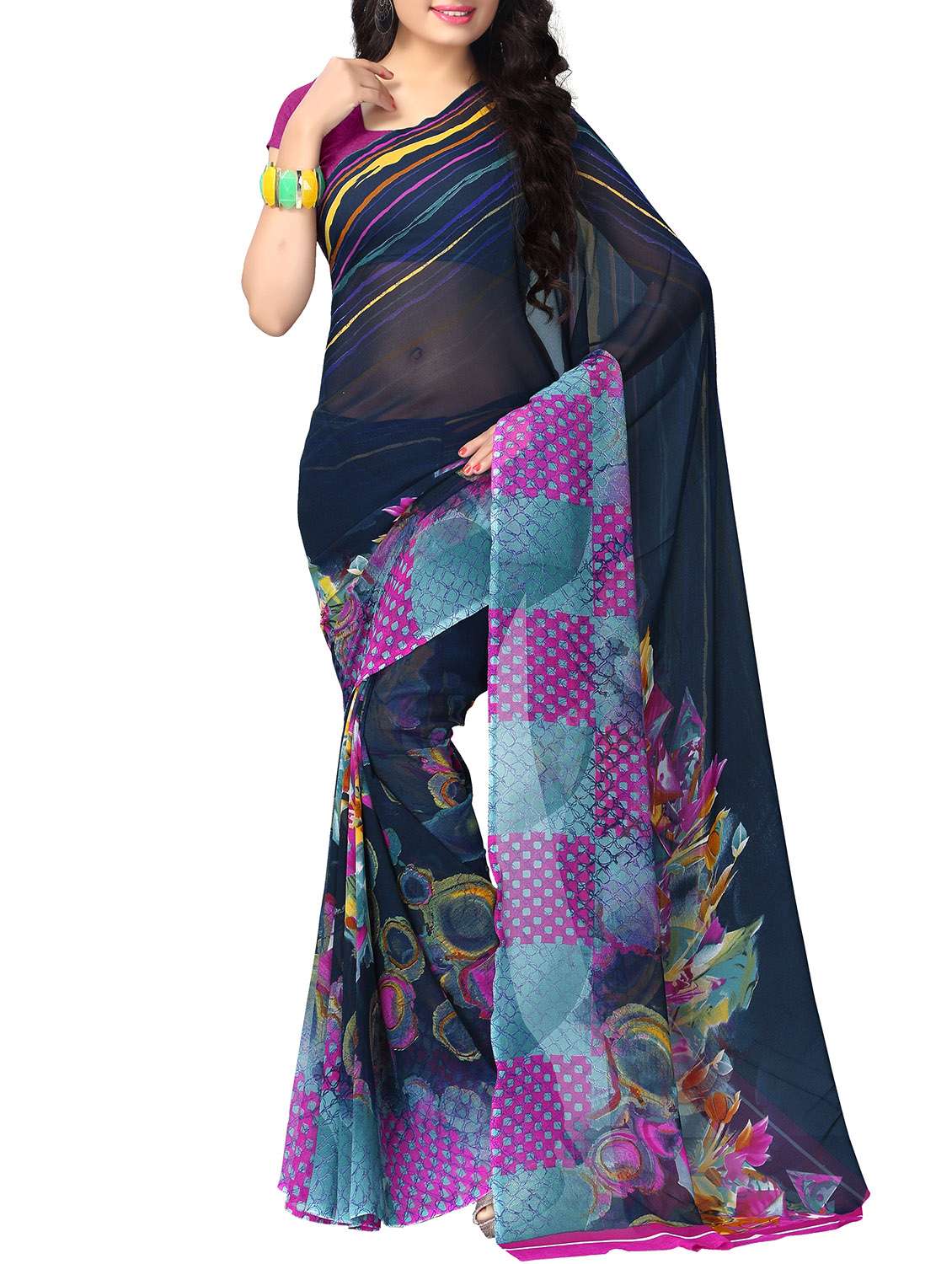 blue georgette printed saree with blouse