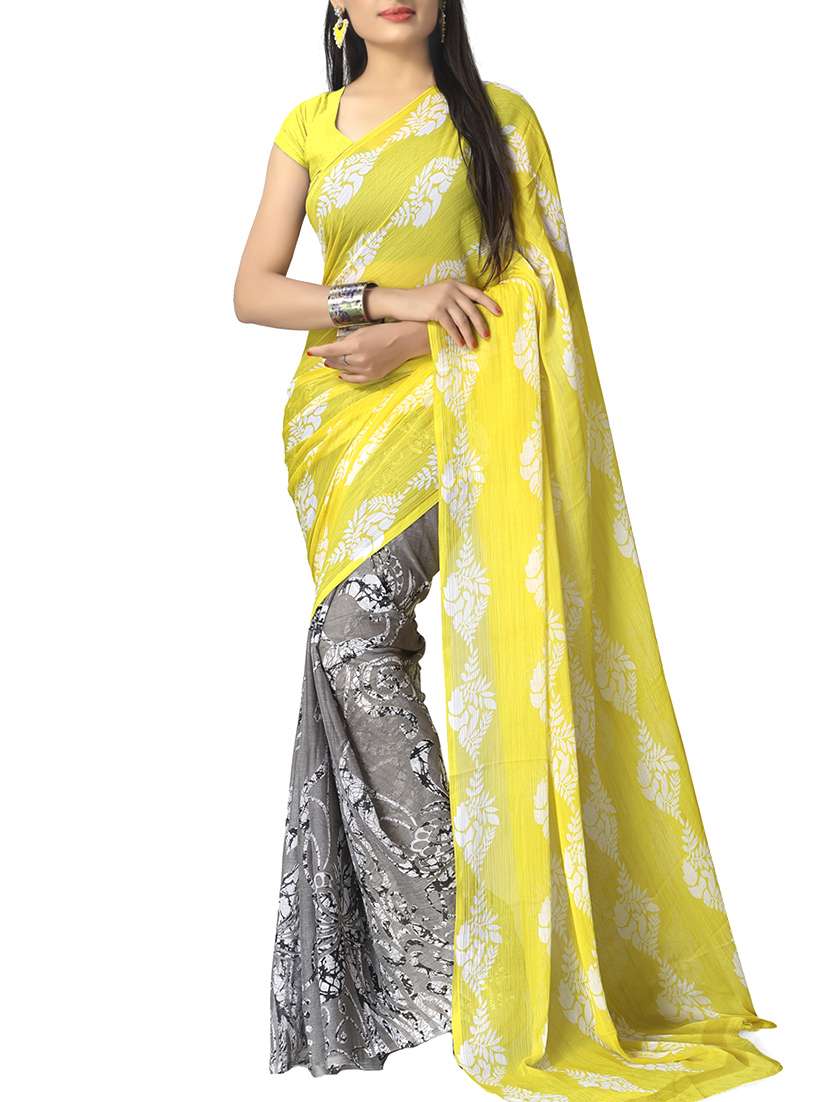 yellow chiffon printed saree with blouse