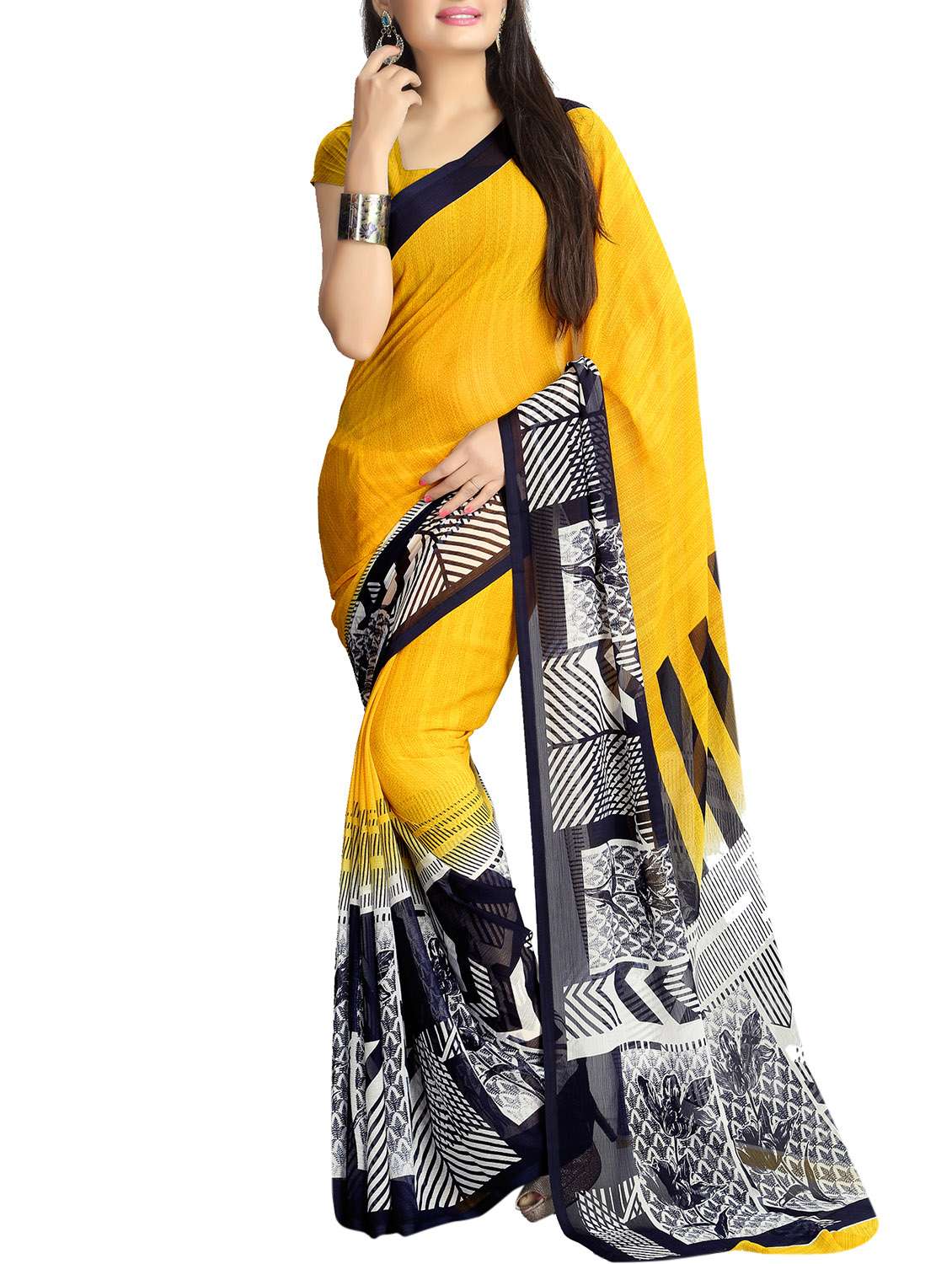 placement printed mustard saree with blouse