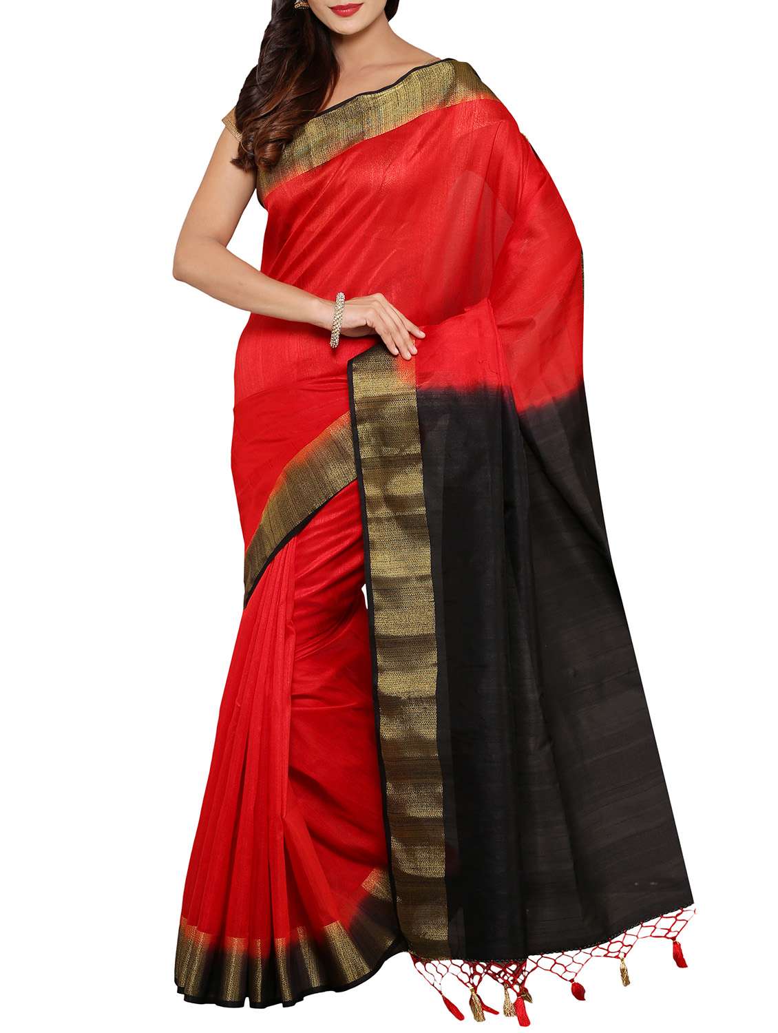 red  tussar silk saree